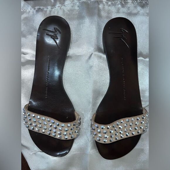 Giuseppe Zanotti Tan Suede Rhinestone Flat Slip-on Sandals 37 / US 6.5 Italy - Picture 6 of 11